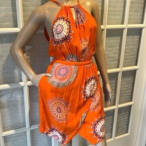 Floreat gorgeous orange/bold geo print elastic waist pullover tieback mini dress